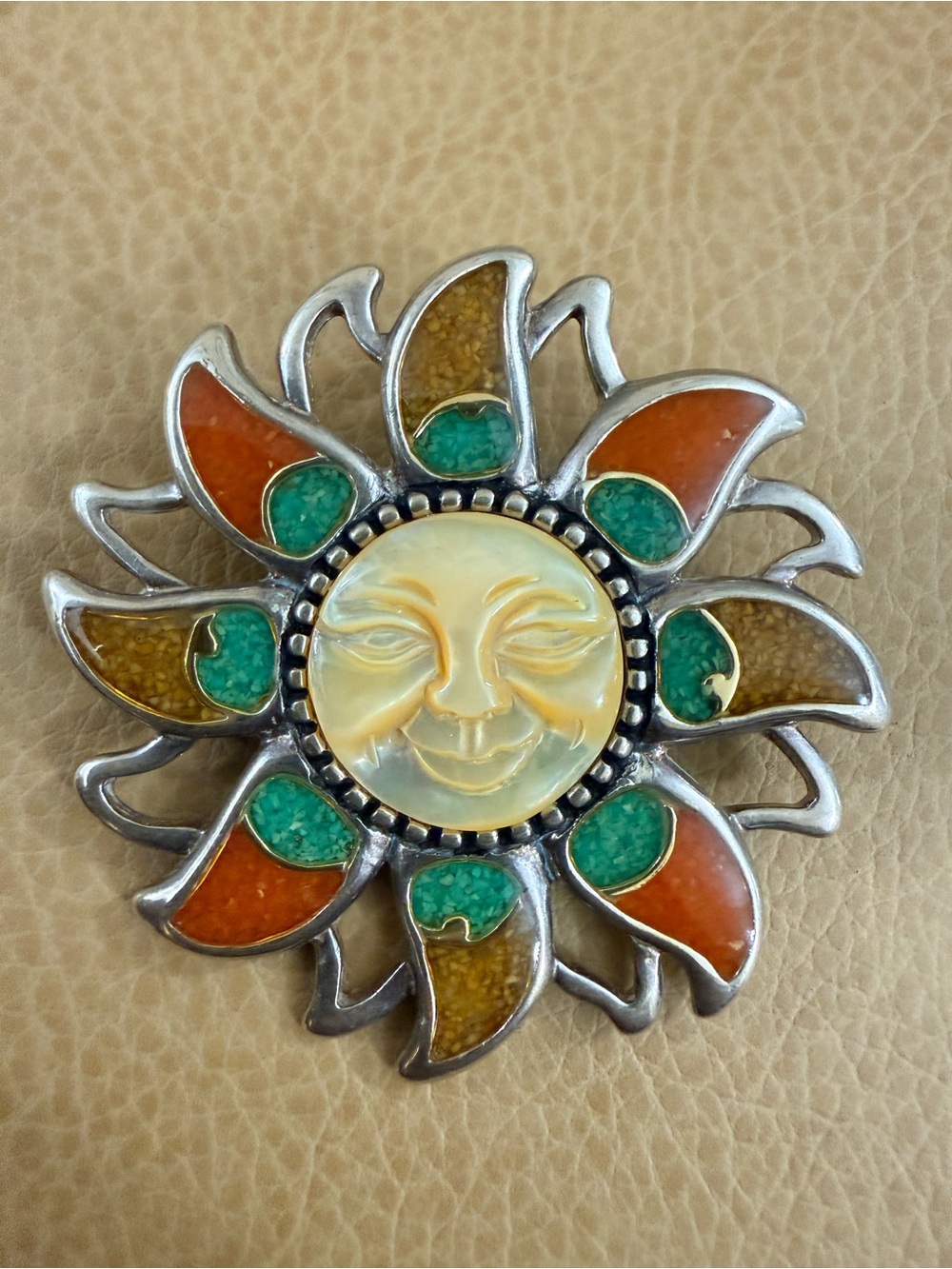 Carolyn pollack Sun vintage brooch pendant. 925 sterling silver, Mother-of-pearl - Picture 2 of 6